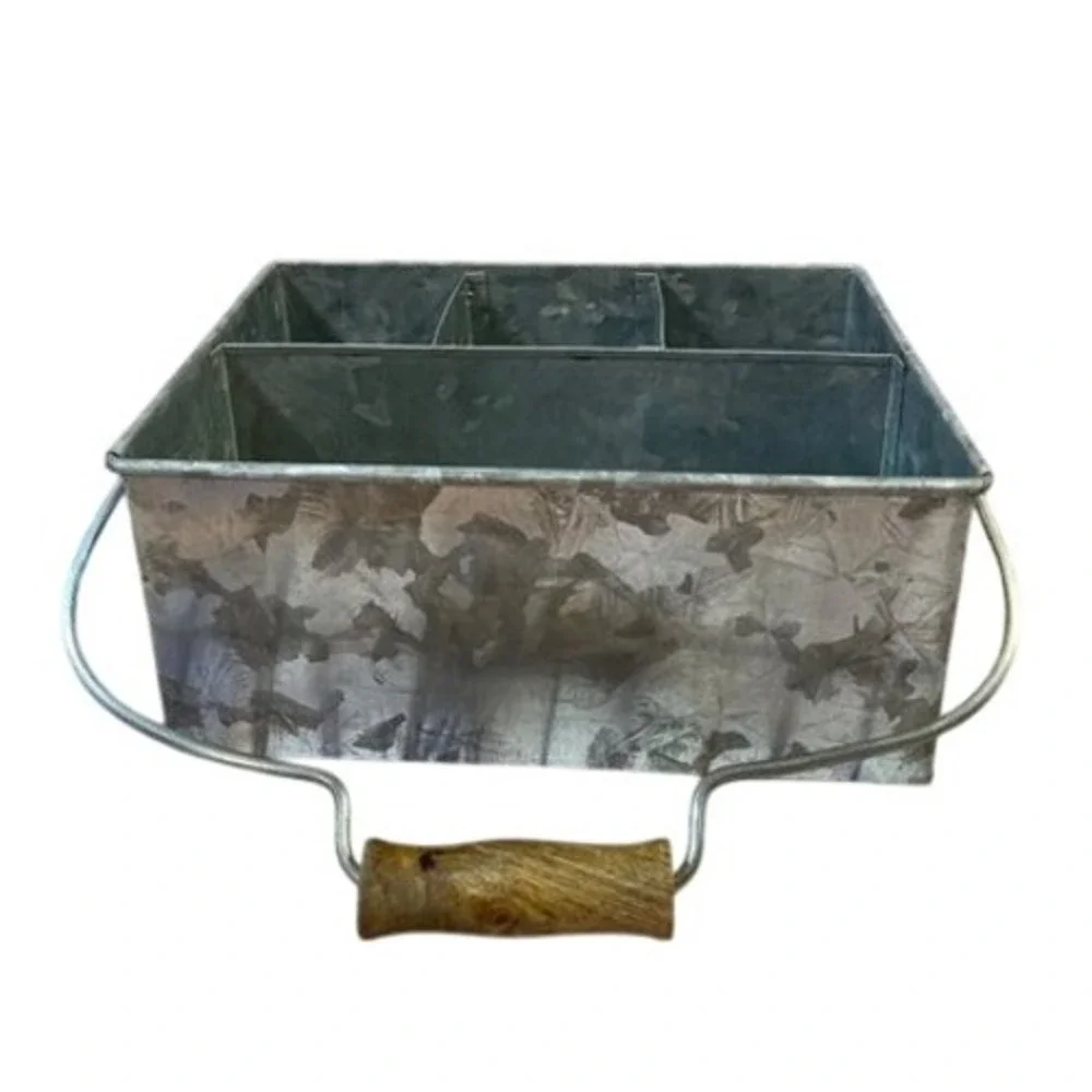 Galvanized Metal Caddy Organizer Wood Handle 3 Compartment‎ Rustic Farmhouse